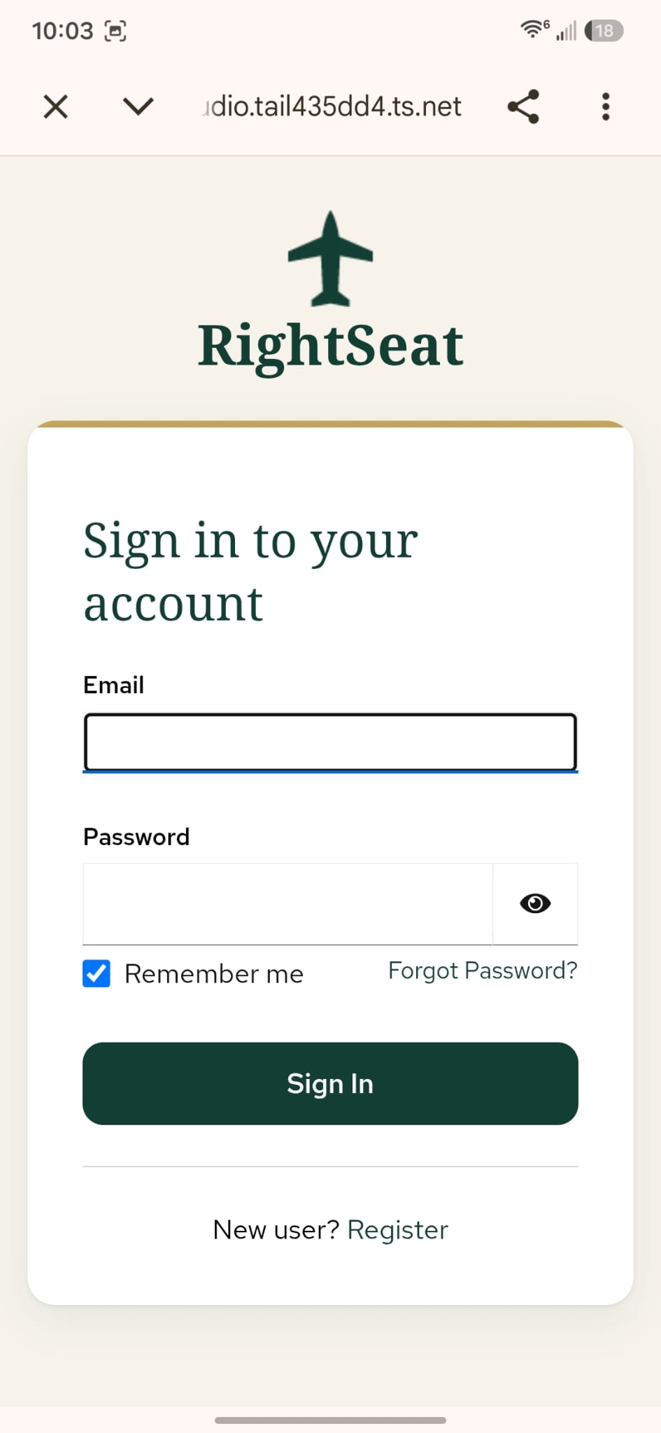 RightSeat sign-in screen with email and password fields